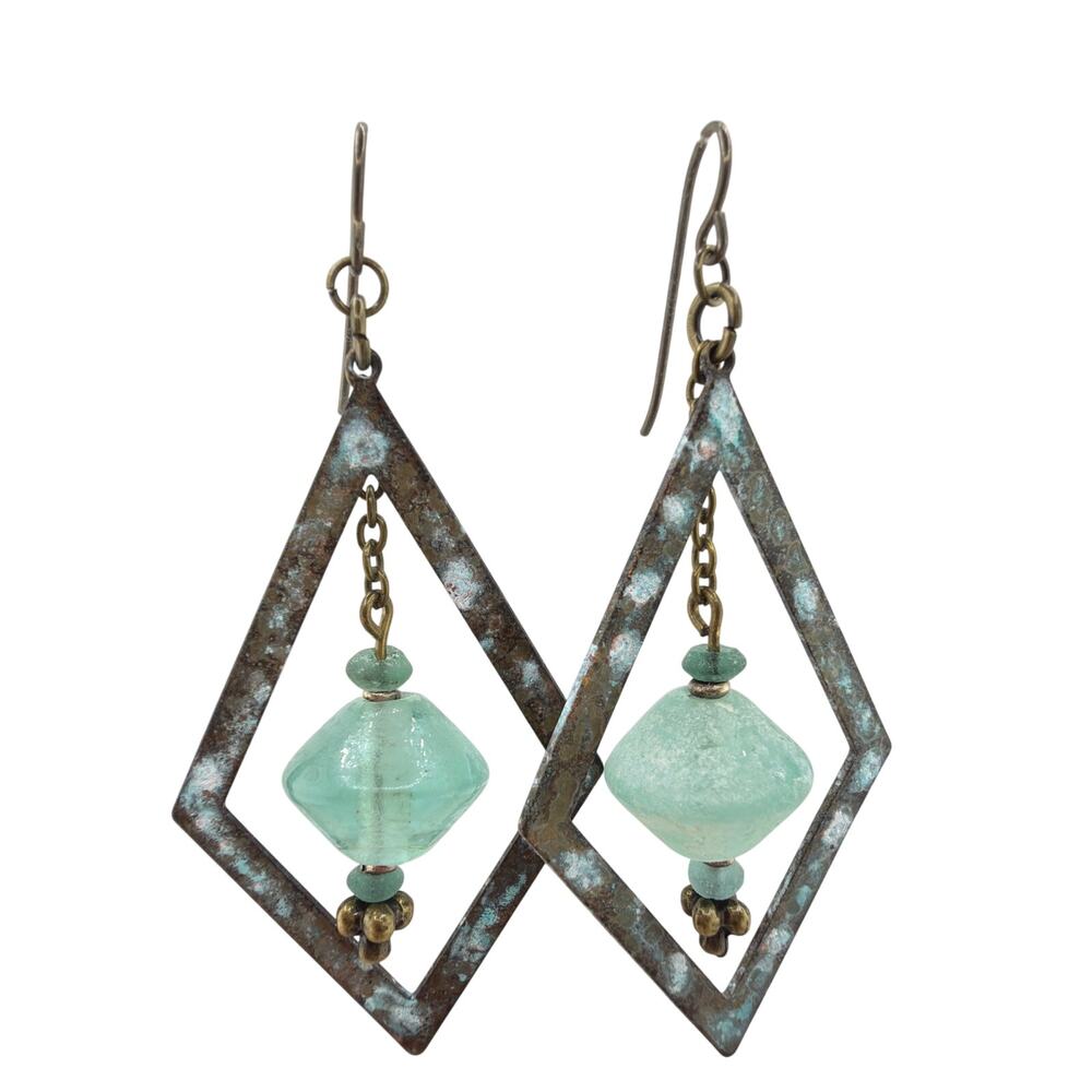 NEW Artisan Handcrafted Diamond Patina Metal and Ancient Glass Dangle Earrings
